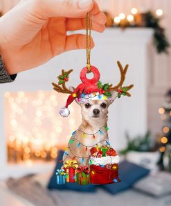 Talataca Chihuahua Wearing Reindeer with String Light Gift for Dog Lovers Christmas Tree Ornament 3