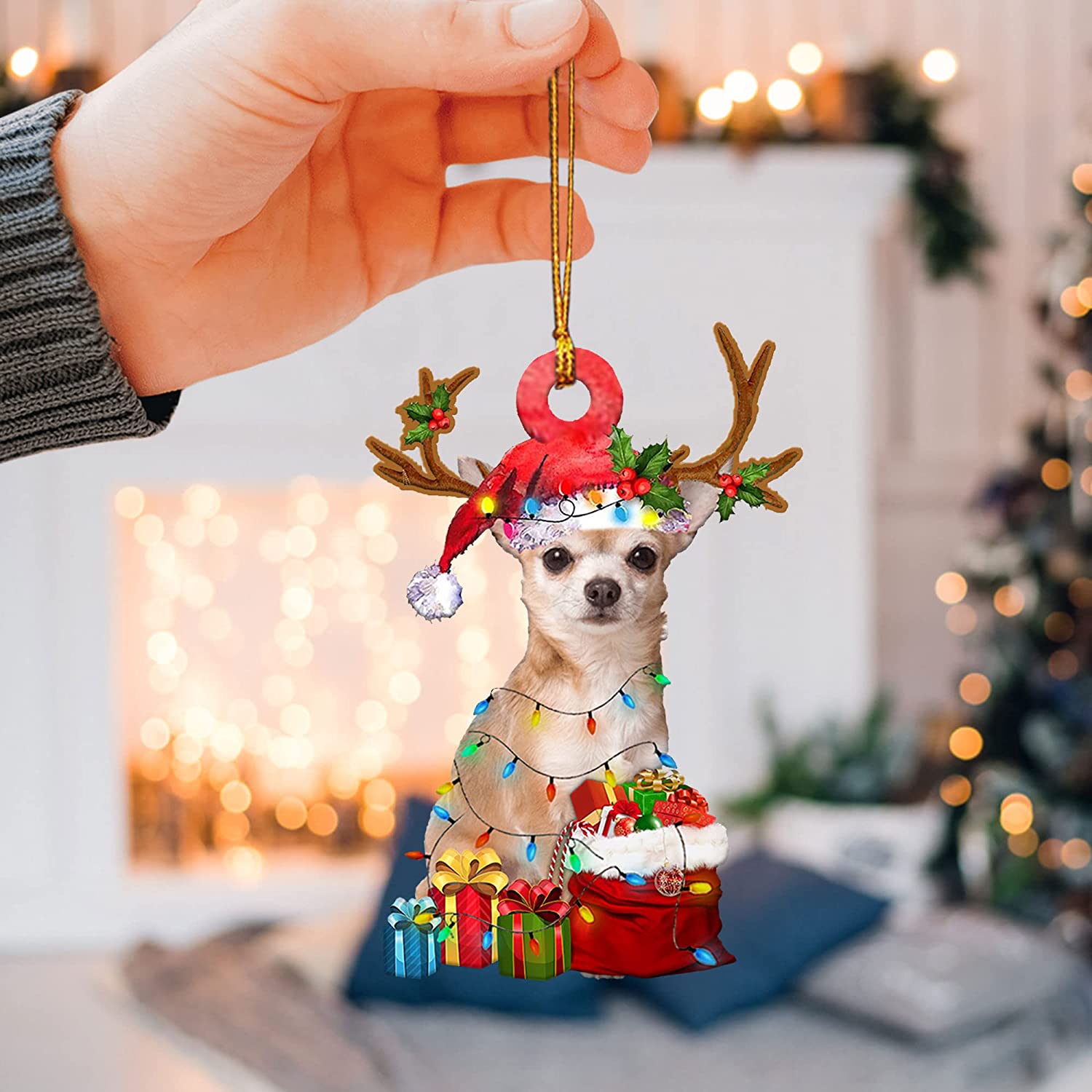 Talataca Chihuahua Wearing Reindeer with String Light Gift for Dog Lovers Christmas Tree Ornament 3