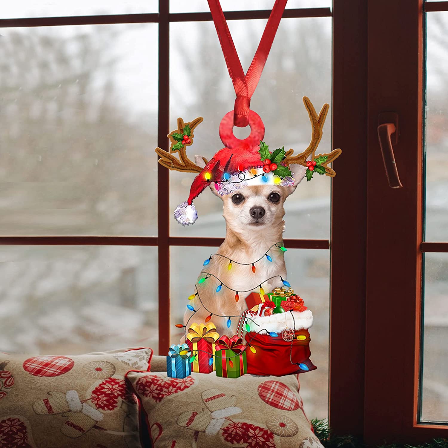 Talataca Chihuahua Wearing Reindeer with String Light Gift for Dog Lovers Christmas Tree Ornament 4
