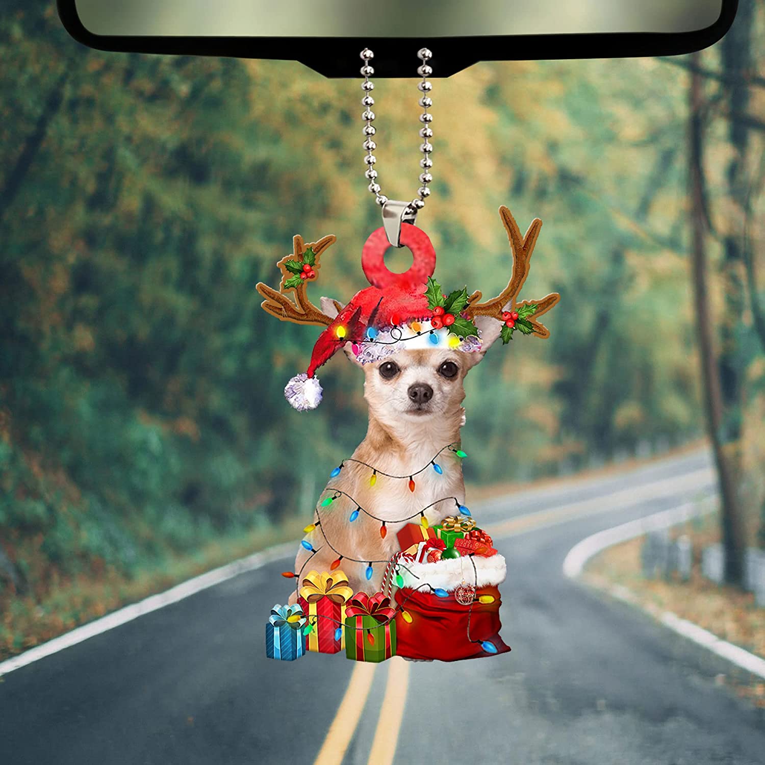 Talataca Chihuahua Wearing Reindeer with String Light Gift for Dog Lovers Christmas Tree Ornament 5