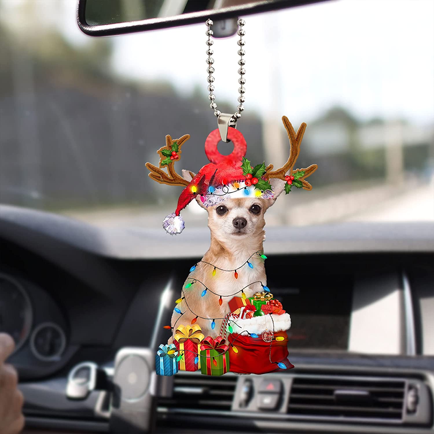 Talataca Chihuahua Wearing Reindeer with String Light Gift for Dog Lovers Christmas Tree Ornament 6