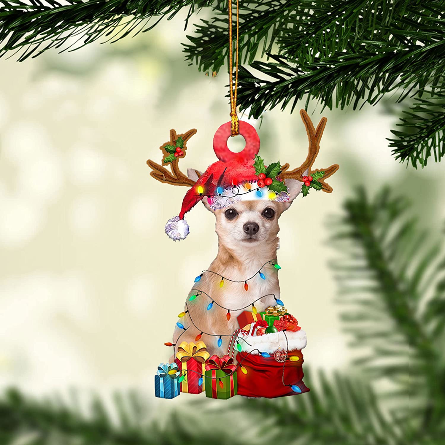 Talataca Chihuahua Wearing Reindeer with String Light Gift for Dog Lovers Christmas Tree Ornament