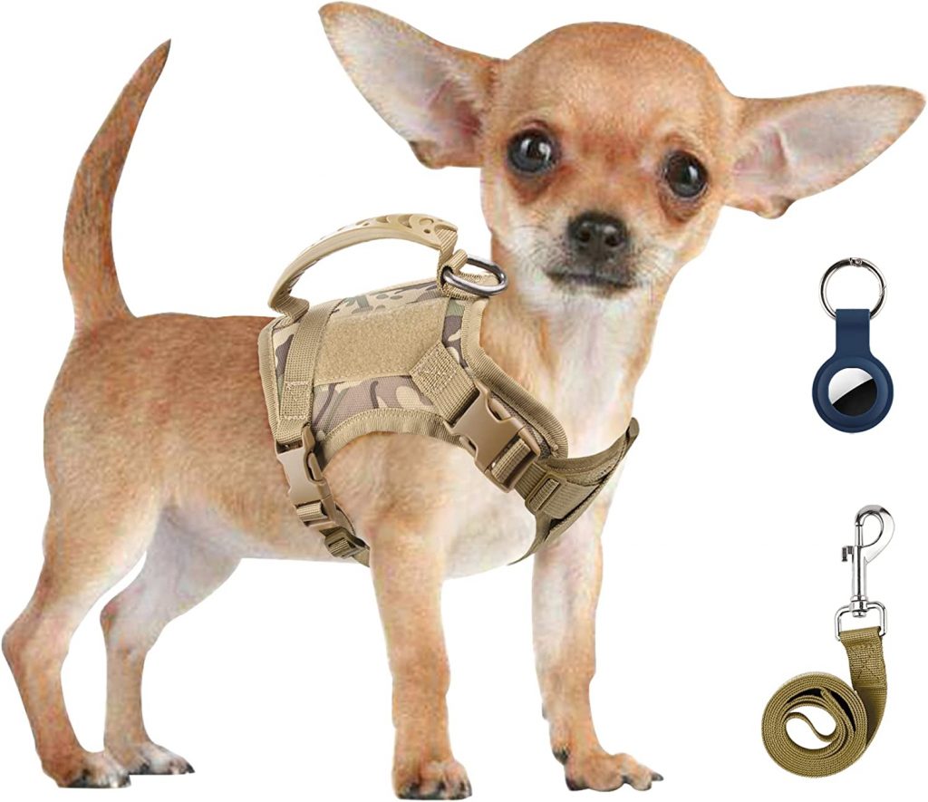 Annchwool Tactical Dog Harness for Small Dogs with Handle, Military Service Dog Vest and Leash Set for Outdoor Training Walking Hiking, Adjustable (Black, Camo)