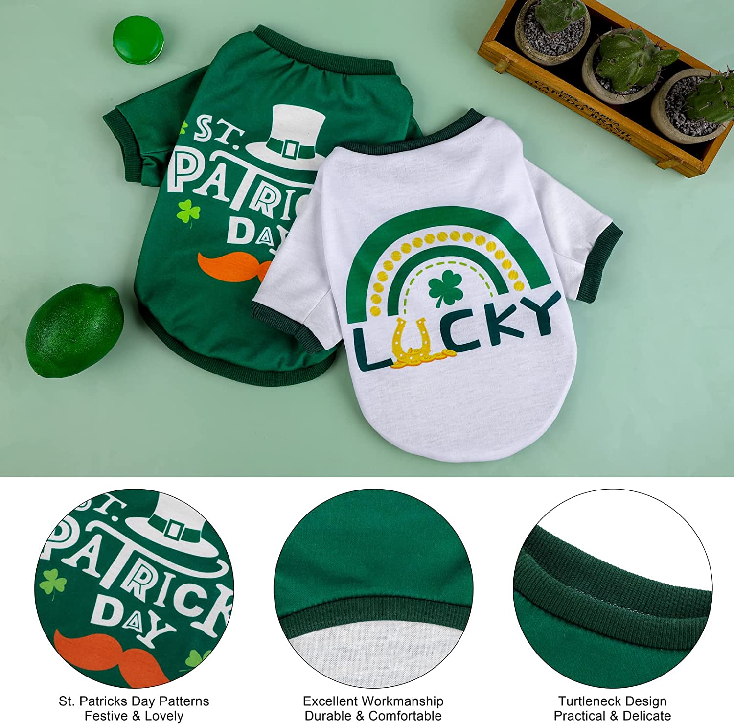 Pedgot 2 Pieces St. Patrick's Day Pet Shirts Dog Clothes Green Clover Puppy T-Shirt Shamrock Dog Sweatshirt 3