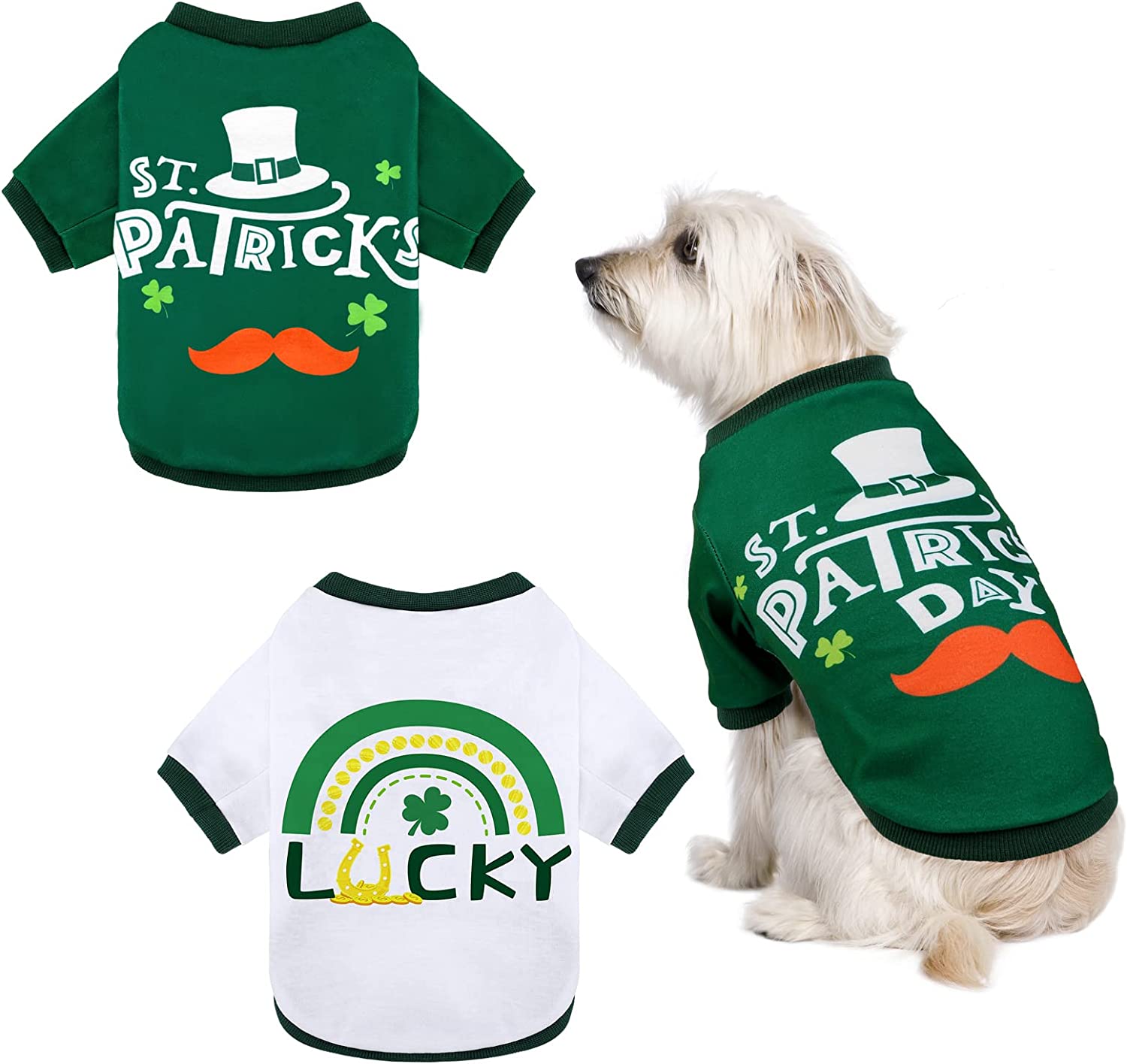 Pedgot 2 Pieces St. Patrick's Day Pet Shirts Dog Clothes Green Clover Puppy T-Shirt Shamrock Dog Sweatshirt