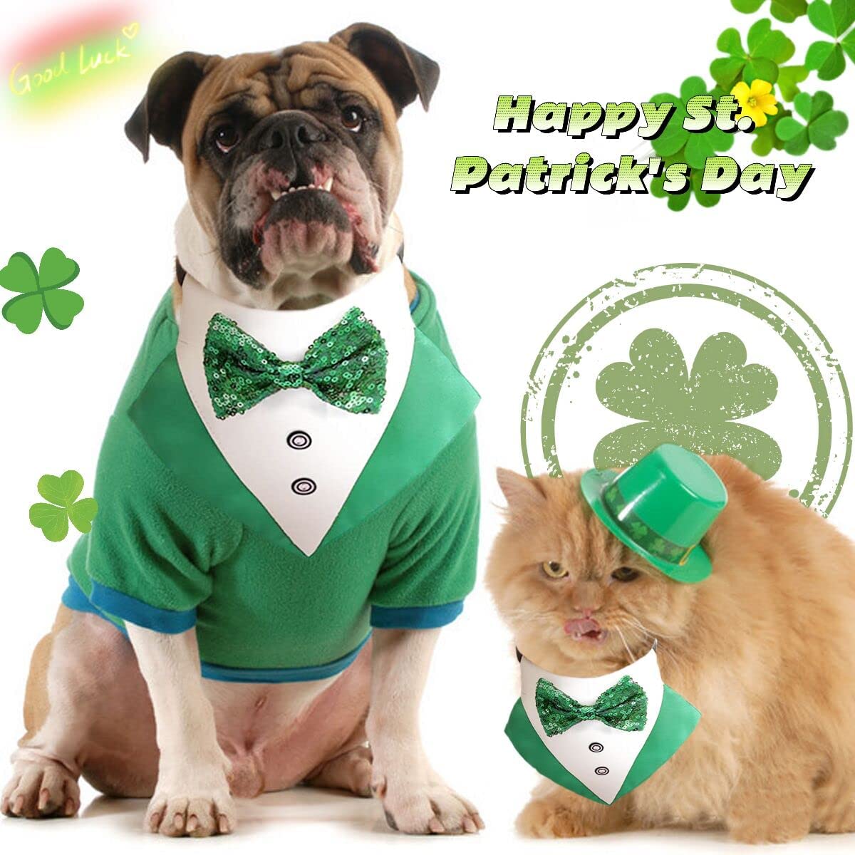 St.Patrick's Day Dog Tuxedo, Pet Green Collar Costume, Puppy Formal Bandana with Bow Tie Adjustable Scarf 2