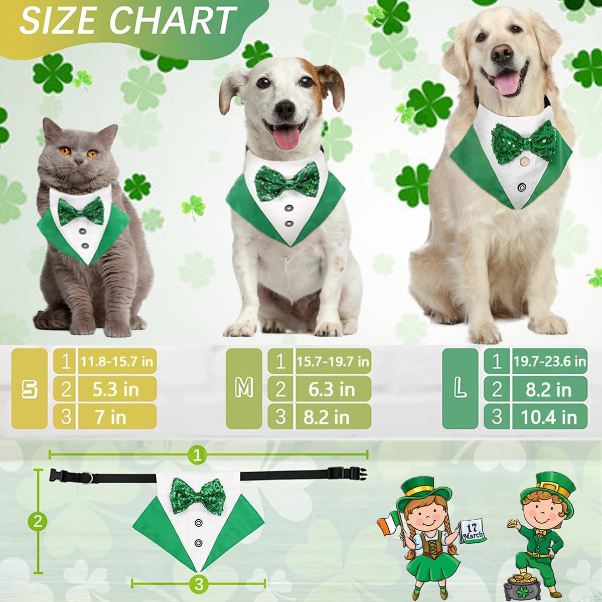 St.Patrick's Day Dog Tuxedo, Pet Green Collar Costume, Puppy Formal Bandana with Bow Tie Adjustable Scarf 3