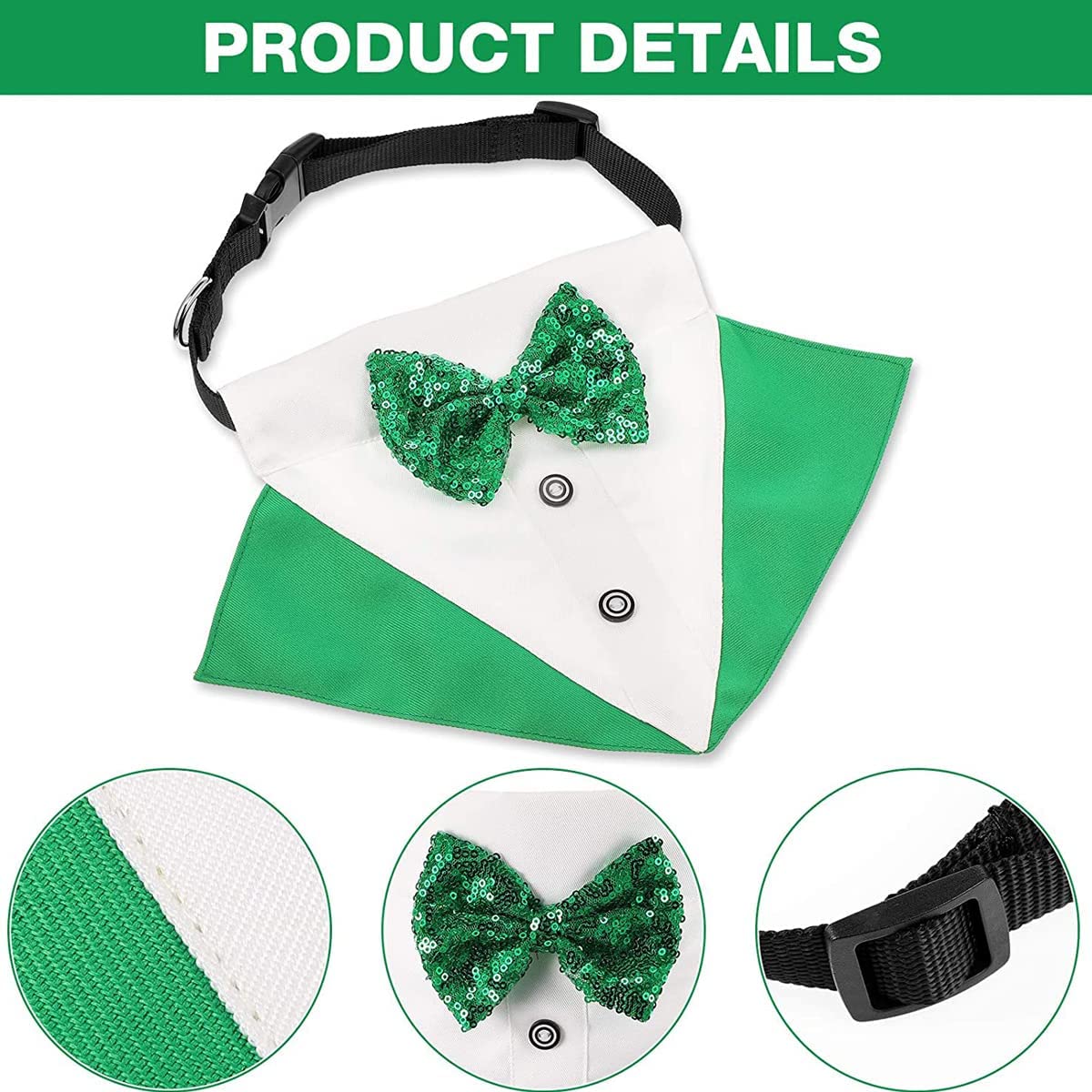 St.Patrick's Day Dog Tuxedo, Pet Green Collar Costume, Puppy Formal Bandana with Bow Tie Adjustable Scarf 5