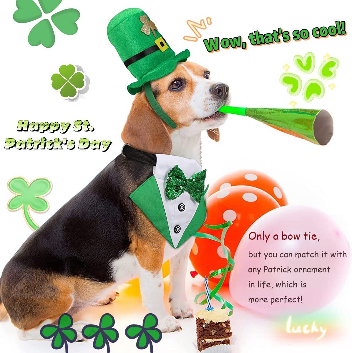 St.Patrick's Day Dog Tuxedo, Pet Green Collar Costume, Puppy Formal Bandana with Bow Tie Adjustable Scarf 6
