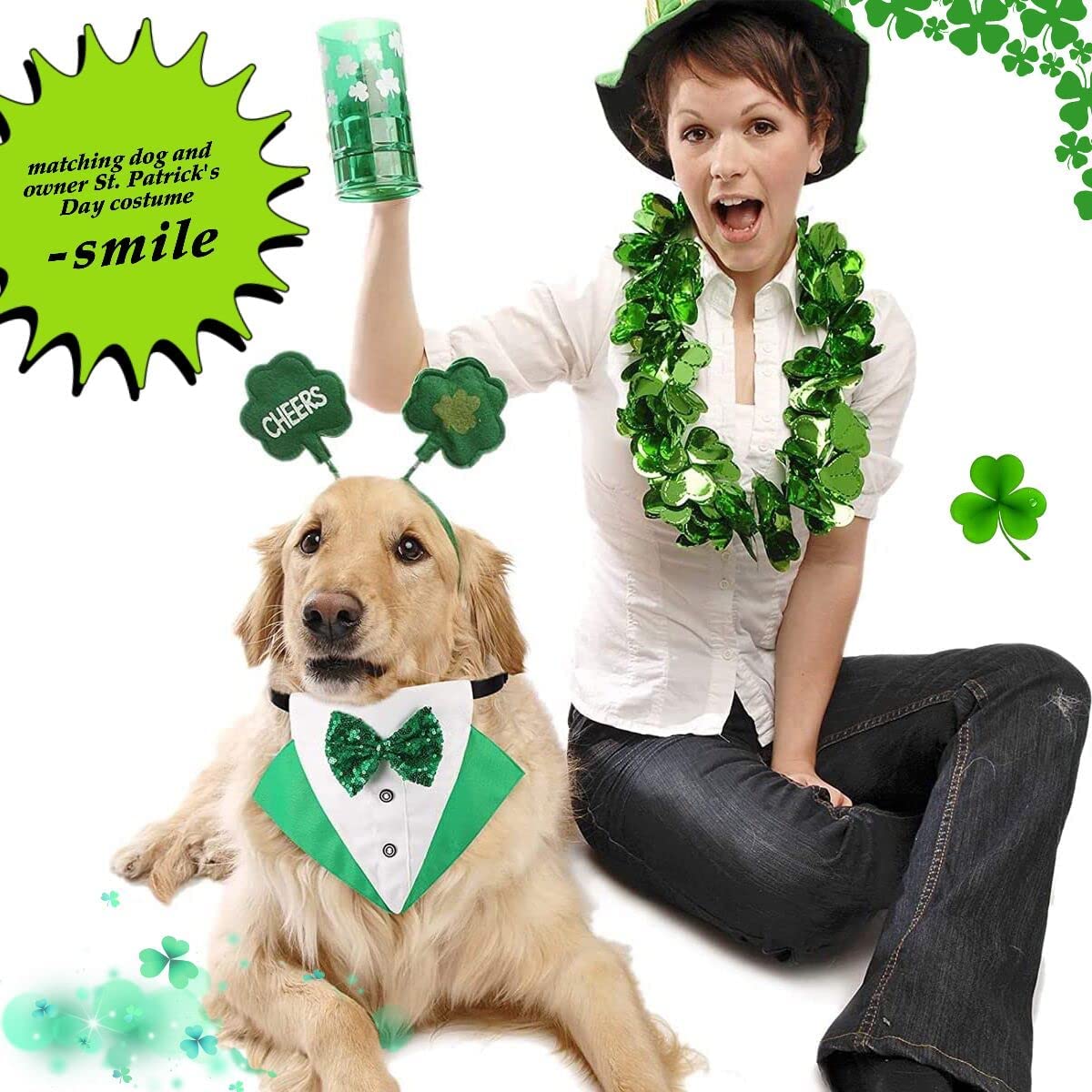 St.Patrick's Day Dog Tuxedo, Pet Green Collar Costume, Puppy Formal Bandana with Bow Tie Adjustable Scarf 7