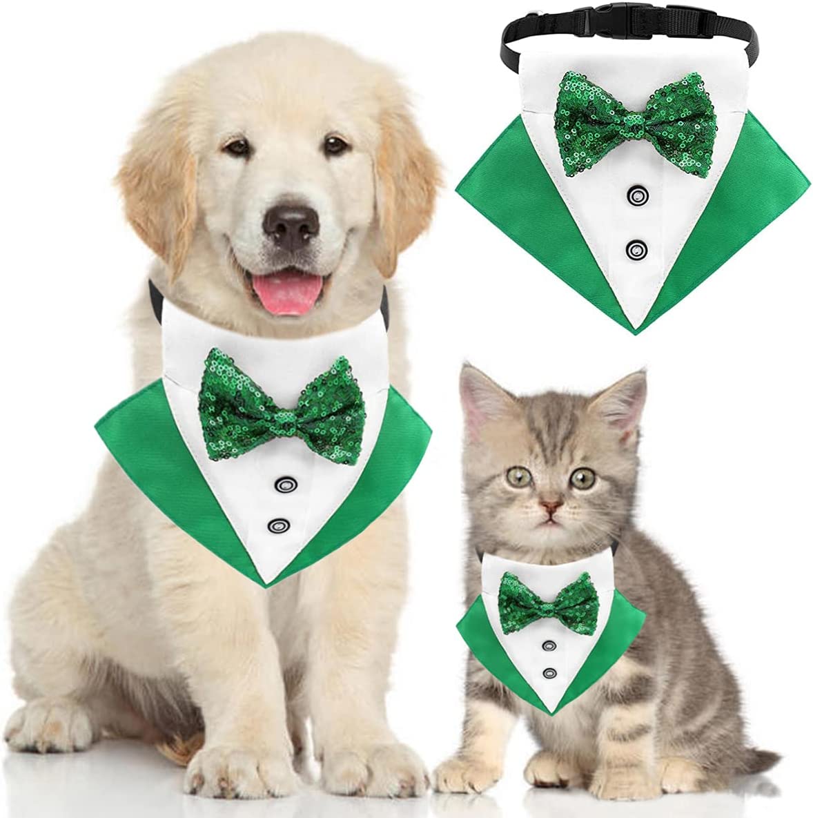 St.Patrick's Day Dog Tuxedo, Pet Green Collar Costume, Puppy Formal Bandana with Bow Tie Adjustable Scarf