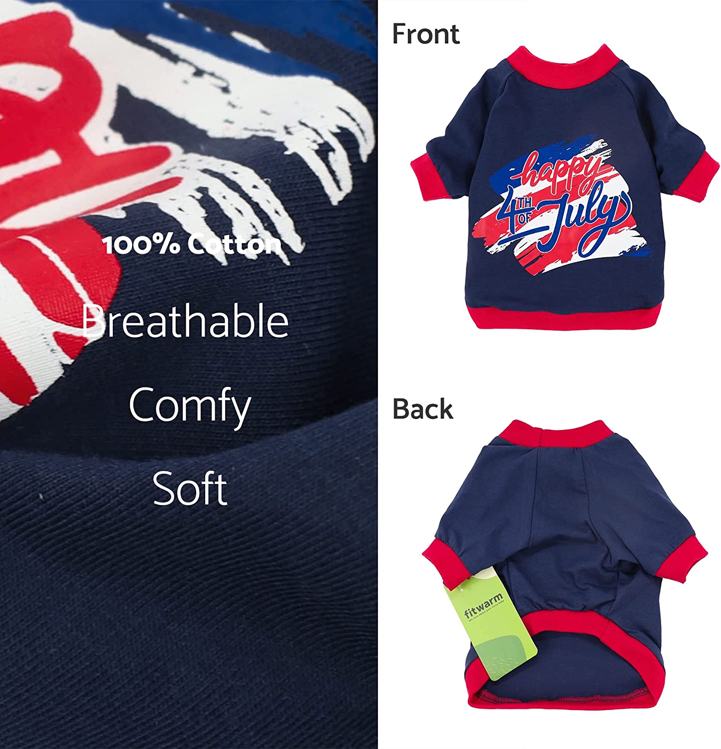 Fitwarm Happy 4th of July Dog Outfit, Holiday Dog Clothes for Small Dogs Boy, Fourth of July Pet Shirt, Patriotic Cat Costume, 100% Breathable Cotton 4
