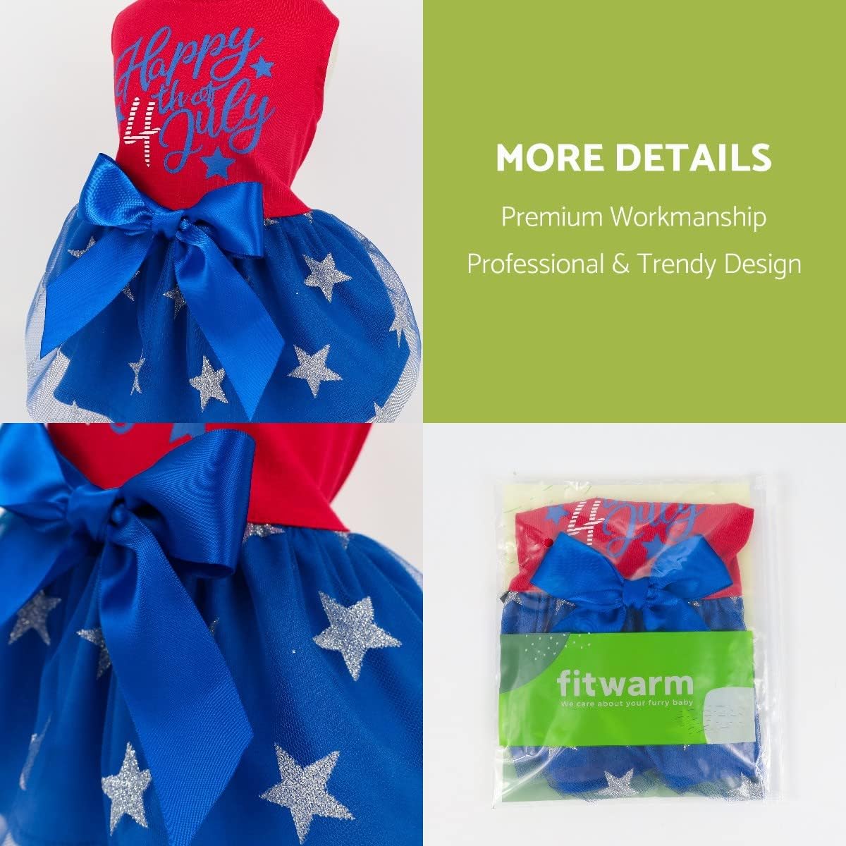 Fitwarm Happy 4th of July Dog Tulle Dress, Patriotic Dog Clothes for Small Dogs Girl, Cat Apparel, Red, Royal Blue, XXSmall 8