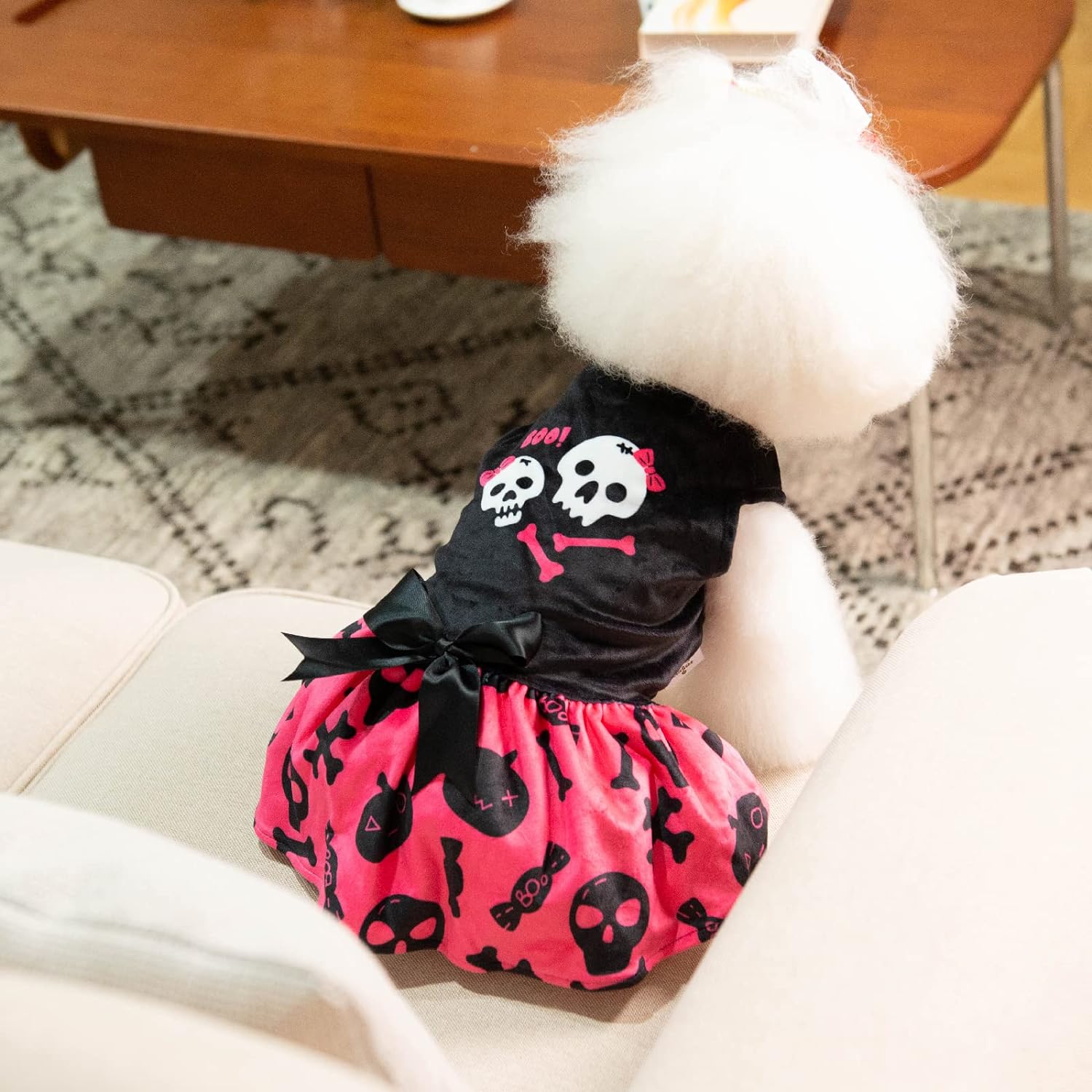 CuteBone Halloween Skulls Dog Dress Velvet for Small Dogs Girl Puppy Dresses Pink Dog Clothes CVA02XXS-D 4