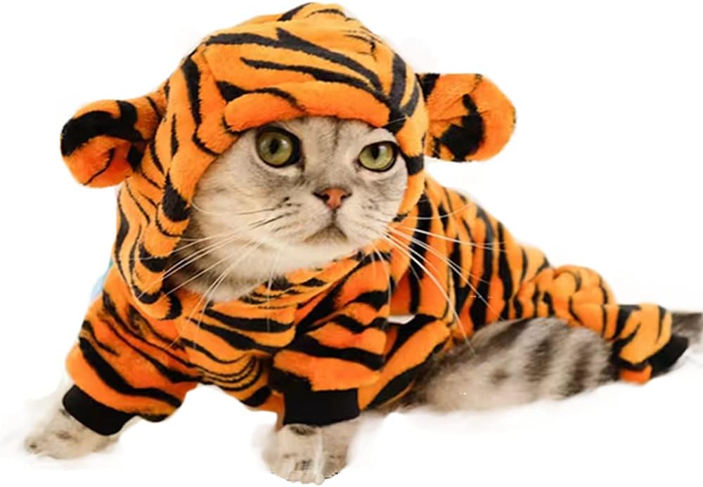 MQQYLBHDS Dog Tiger Halloween Costume Cat Hoodies with Bunny Ears and Tail Puppy Warms Hooded Coat Pet Winter Clothes for Small Medium Dogs Kitten Kitty
