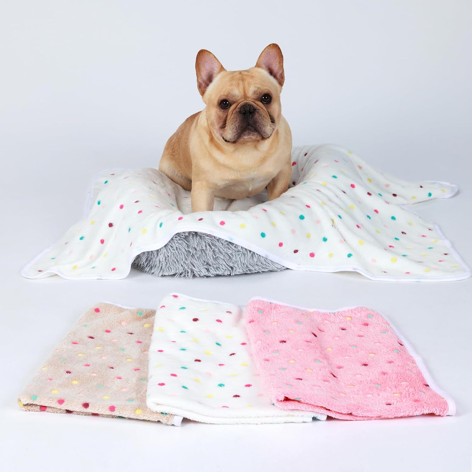 1 Pack 3 Blankets Super Soft Cute Dot Pattern Pet Blanket Flannel Throw for Dog Puppy Cat Beige-Brown-Pink Small 6