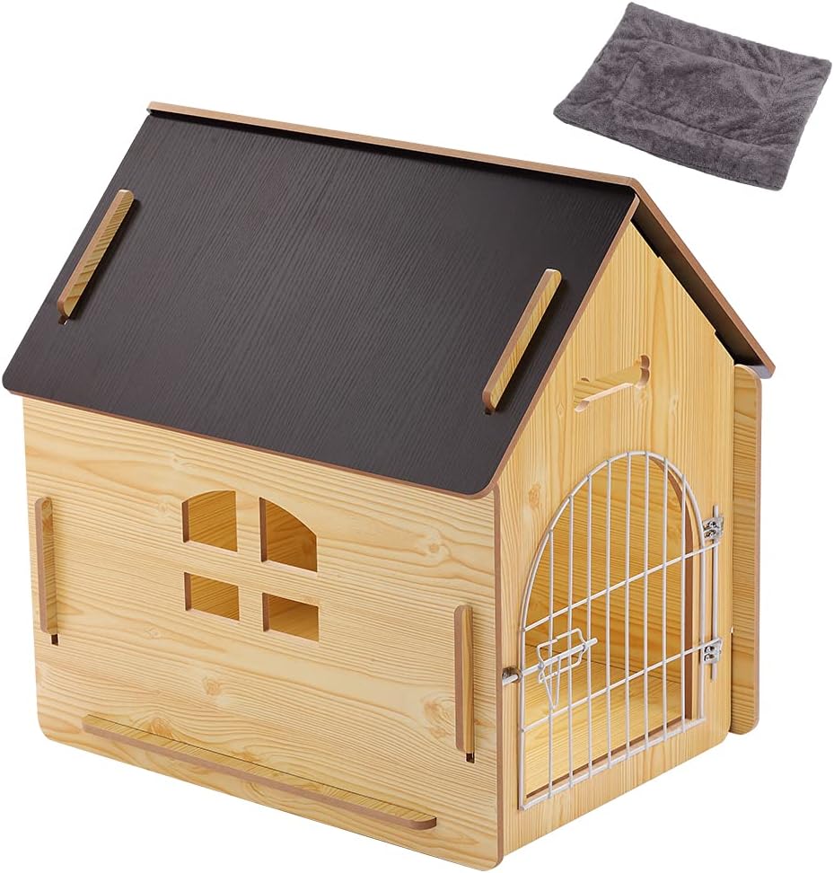 DREAMSOULE Wooden Pet House with Roof for Dogs Indoor and Outdoor Use, Easy Assemble Breathable Dog Crate for Small Medium Dog Cat, Dog Kennel for Playing 2