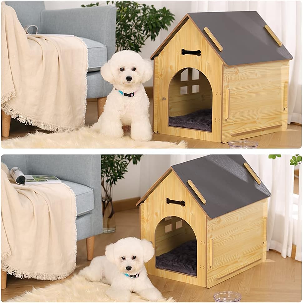 DREAMSOULE Wooden Pet House with Roof for Dogs Indoor and Outdoor Use, Easy Assemble Breathable Dog Crate for Small Medium Dog Cat, Dog Kennel for Playing 3