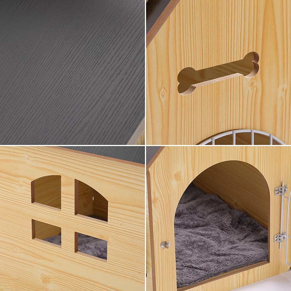 DREAMSOULE Wooden Pet House with Roof for Dogs Indoor and Outdoor Use, Easy Assemble Breathable Dog Crate for Small Medium Dog Cat, Dog Kennel for Playing 5