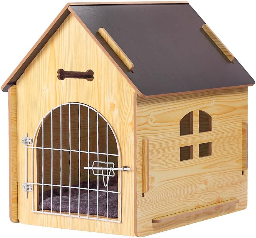DREAMSOULE Wooden Pet House with Roof for Dogs Indoor and Outdoor Use, Easy Assemble Breathable Dog Crate for Small Medium Dog Cat, Dog Kennel for Playing
