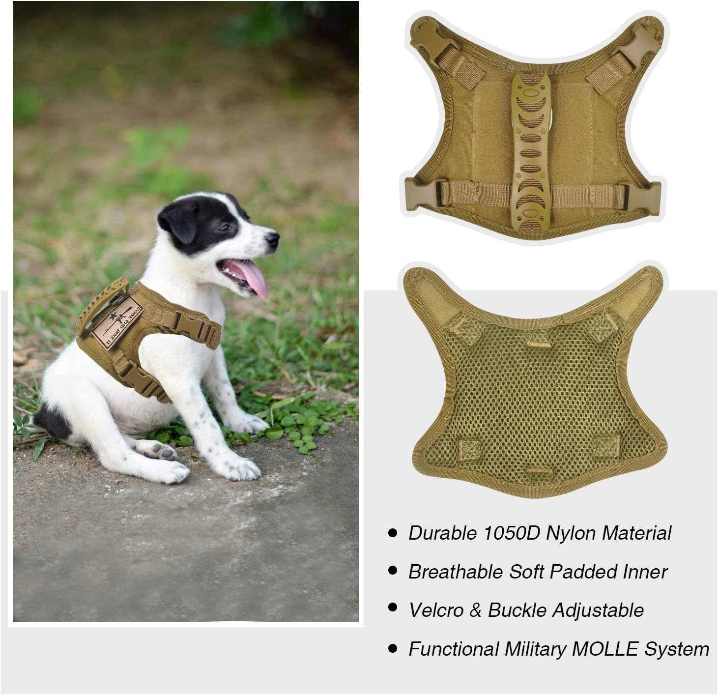 Tactical Dog Training Harness Outdoor Working Vest Adjustable Military MOLLE Dog Vest Harness with Rubber Handle X-Small (Pack of 1) Khaki 3
