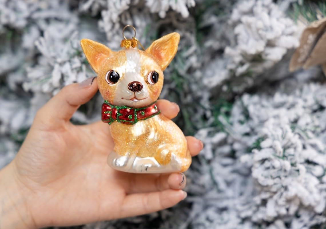 2 Pack Hand Blown Glass Chihuahua Ornament, Hand Painted Glass Chihuahua Christmas Ornament, Glass Chihuahua Dog Ornaments for Christmas Tree 5