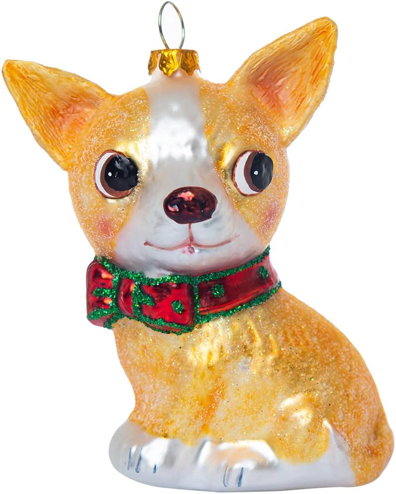 2 Pack Hand Blown Glass Chihuahua Ornament, Hand Painted Glass Chihuahua Christmas Ornament, Glass Chihuahua Dog Ornaments for Christmas Tree