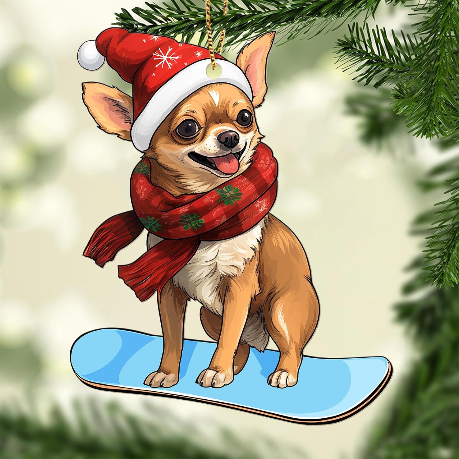 Chihuahua Ornament for Christmas Tree, Skiing Dog Hanging Ornament, for Chihuahua Lovers, 2 Side Printed Wooden Ornament 3
