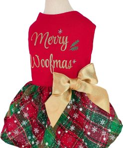 Fitwarm Merry Woofmas 100% Cotton Dog Christmas Outfits Girl Dog Holiday Dress Lightweight Doggie Costume Puppy Clothes Pet Apparel with Bowknot 3