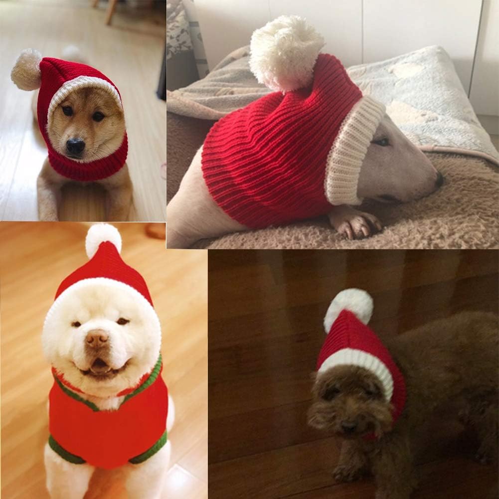 NACOCO Christmas Dog Hat Crocheted Snood Funny Pet Cap with Pompon Red Green Warm Winter Dog Hat Knit Snood Headwear for Pets & Women & Men (Red, XS) 5