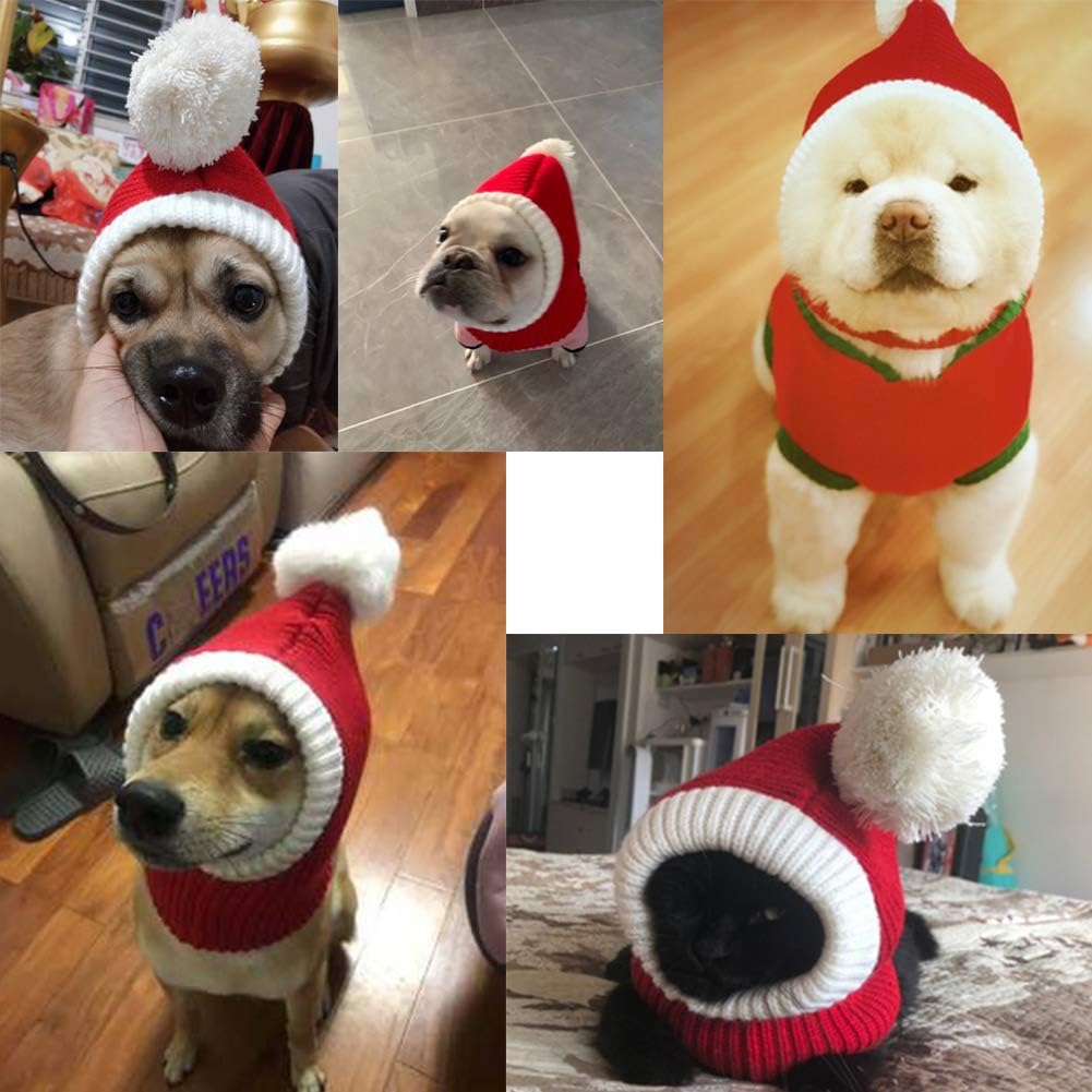 NACOCO Christmas Dog Hat Crocheted Snood Funny Pet Cap with Pompon Red Green Warm Winter Dog Hat Knit Snood Headwear for Pets & Women & Men (Red, XS) 6