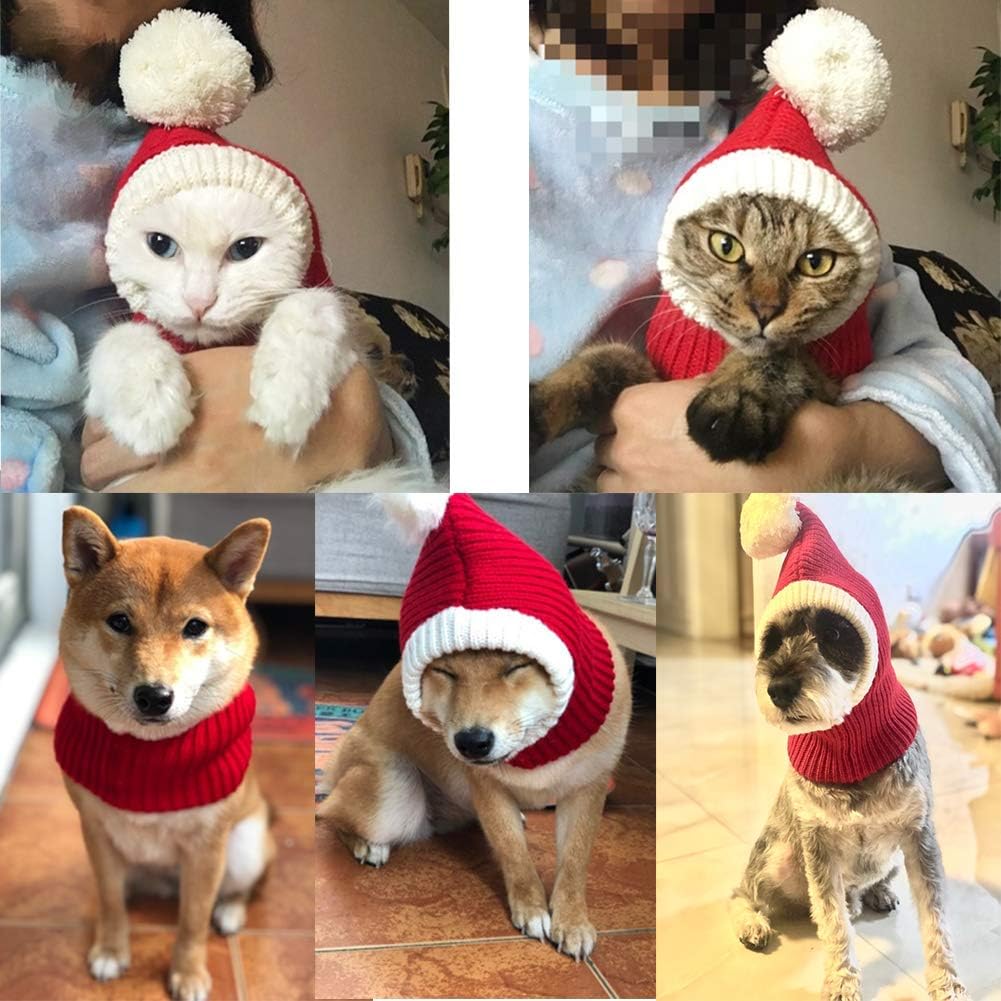 NACOCO Christmas Dog Hat Crocheted Snood Funny Pet Cap with Pompon Red Green Warm Winter Dog Hat Knit Snood Headwear for Pets & Women & Men (Red, XS) 8