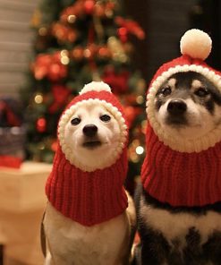 POPETPOP Christmas Dog Hat - Funny Crocheted Snood Dog Hat Red Warm Winter Dog Hat Knit Snood Headwear Cat Hat Neck Ear Warmer Headband Protector- XS 2