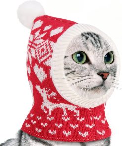 Pawaboo Christmas Pet Hat, Funny Knitted Pets Cap with Pompon, Cute Crocheted Snood Winter Warm Pet Hat, Neck Ear Warmer Hood Warm Scarf Xmas Decoration