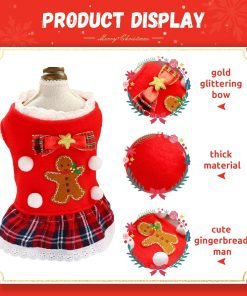 TENGZHI Christmas Dresses for Small Medium Dogs Cats Fall Winter New Year Xmas Dog Skirt Cute Gingerbread Man Red Plaid Puppy Outfit Chihuahua Yorkie 3