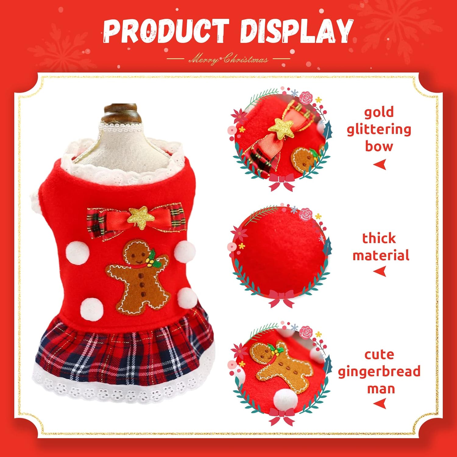 TENGZHI Christmas Dresses for Small Medium Dogs Cats Fall Winter New Year Xmas Dog Skirt Cute Gingerbread Man Red Plaid Puppy Outfit Chihuahua Yorkie 3