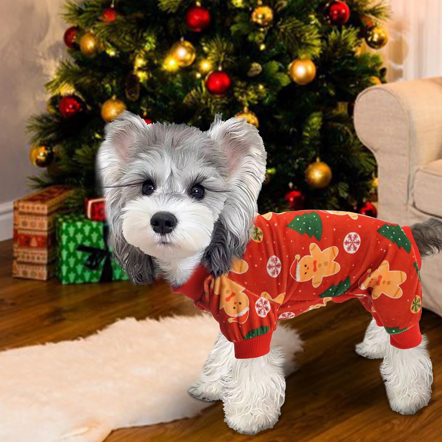 Xpudac 4 Piece Dog Christmas Pajamas Santa Pet Clothes Cute Snowman Dog Pajamas for Small Dogs Red Green X-Small 3