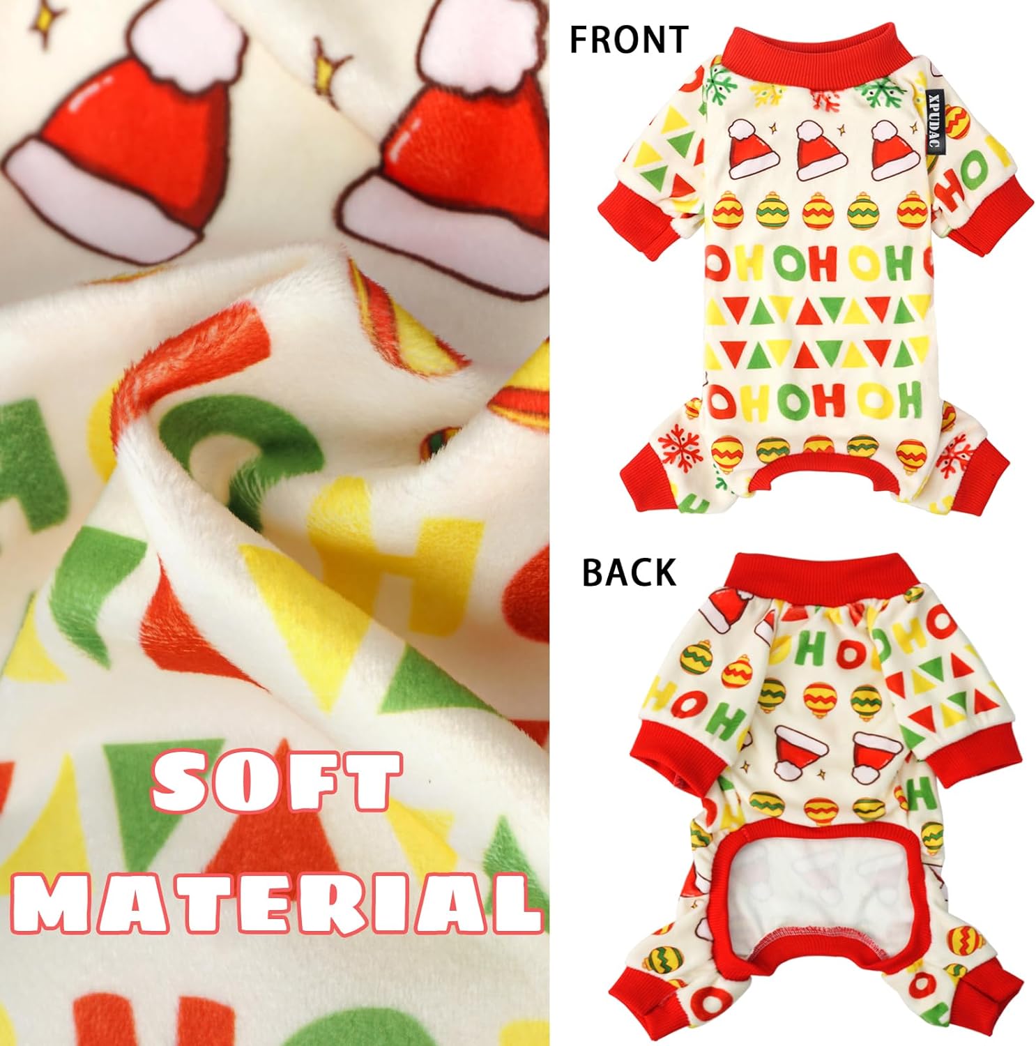 Xpudac 4 Piece Dog Christmas Pajamas Santa Pet Clothes Cute Snowman Dog Pajamas for Small Dogs Red Green X-Small 5