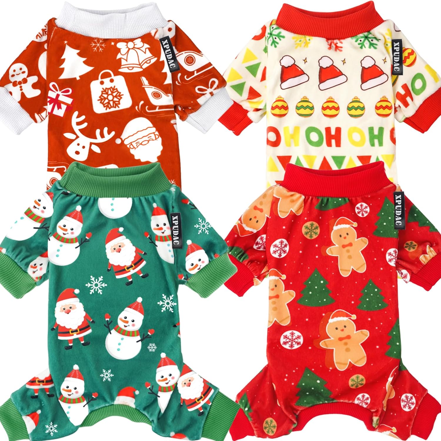 Xpudac 4 Piece Dog Christmas Pajamas Santa Pet Clothes Cute Snowman Dog Pajamas for Small Dogs Red Green X-Small