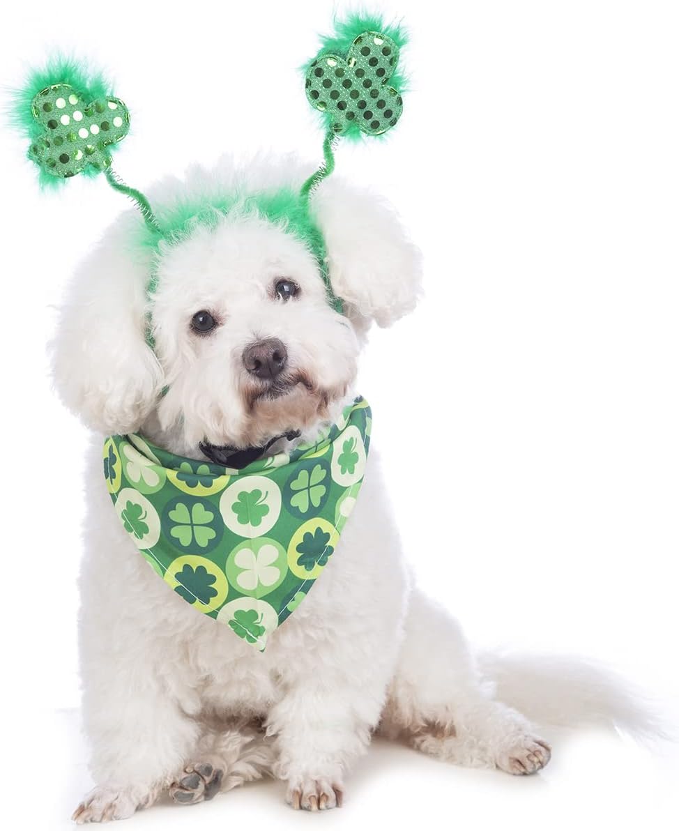 Coomour Dog St. Patrick's Day Costume Pet Clover Headband and Puppy St. Patrick's Day Bandanas Cat Classic Plaid Accessories (Green) 4