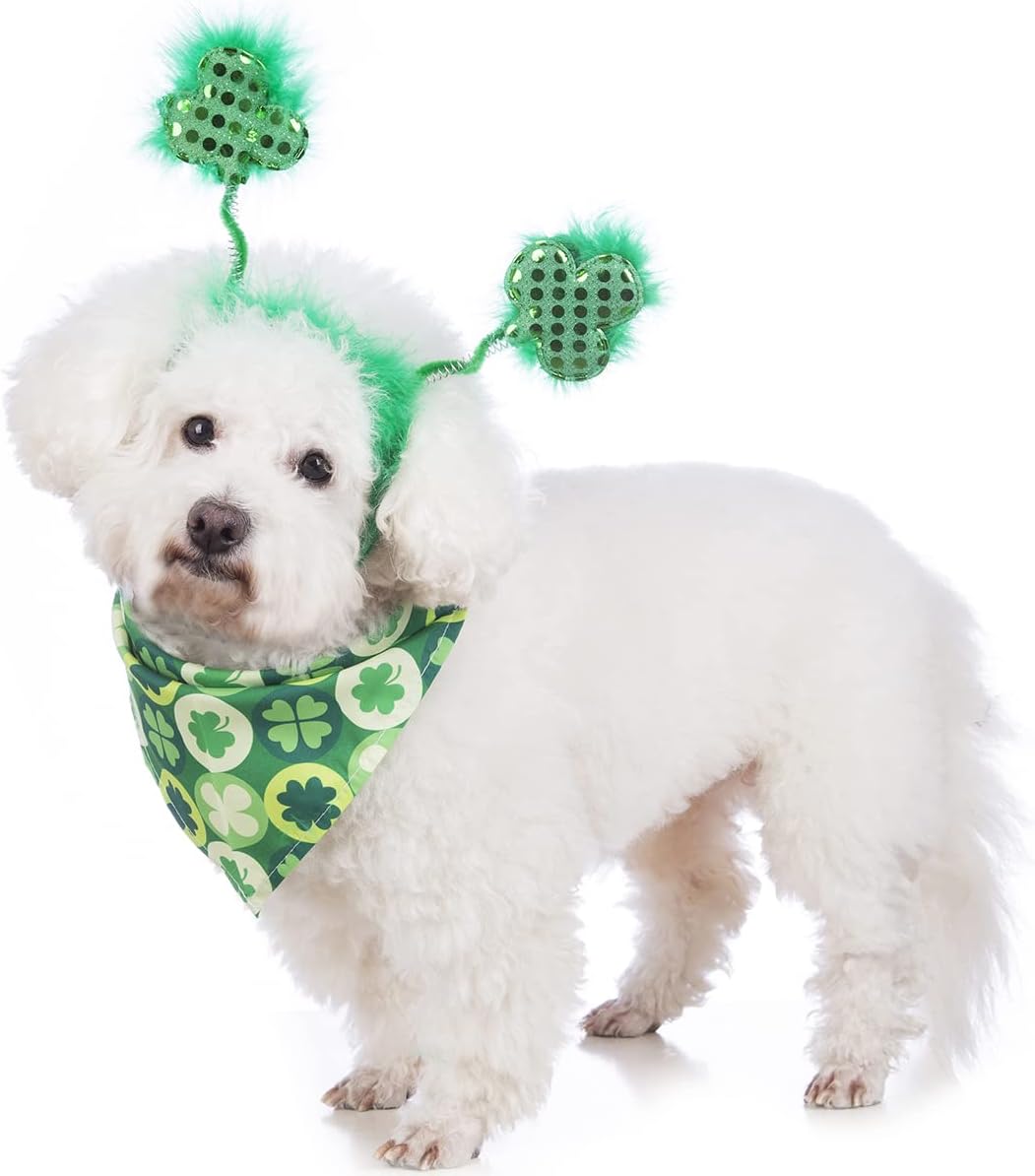 Coomour Dog St. Patrick's Day Costume Pet Clover Headband and Puppy St. Patrick's Day Bandanas Cat Classic Plaid Accessories (Green) 5
