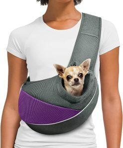 Dog Cat Sling Carrier, Adjustable Padded Shoulder Strap, with Mesh Pocket for Outdoor Travel (S - Up to 5 lbs, Light Purple - Grey) - 1