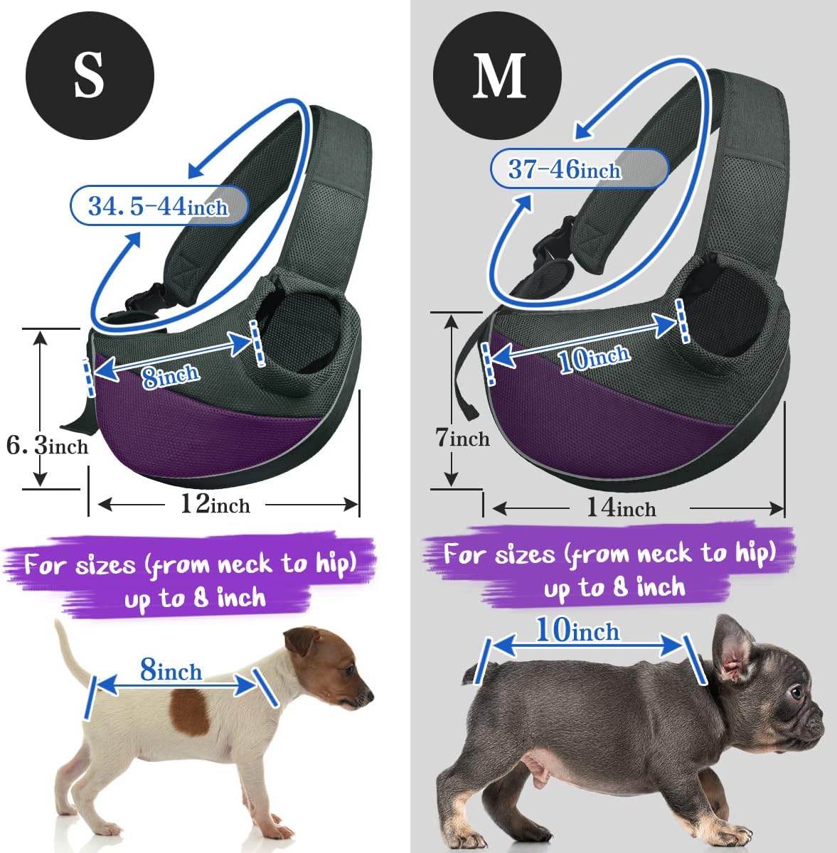 Dog Cat Sling Carrier, Adjustable Padded Shoulder Strap, with Mesh Pocket for Outdoor Travel (S - Up to 5 lbs, Light Purple - Grey) - 7
