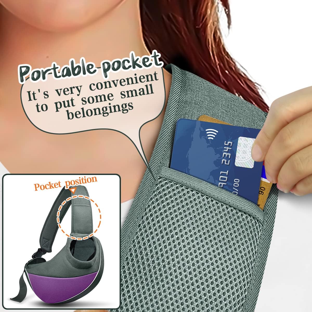 Dog Cat Sling Carrier, Adjustable Padded Shoulder Strap, with Mesh Pocket for Outdoor Travel (S - Up to 5 lbs, Light Purple - Grey) - 9