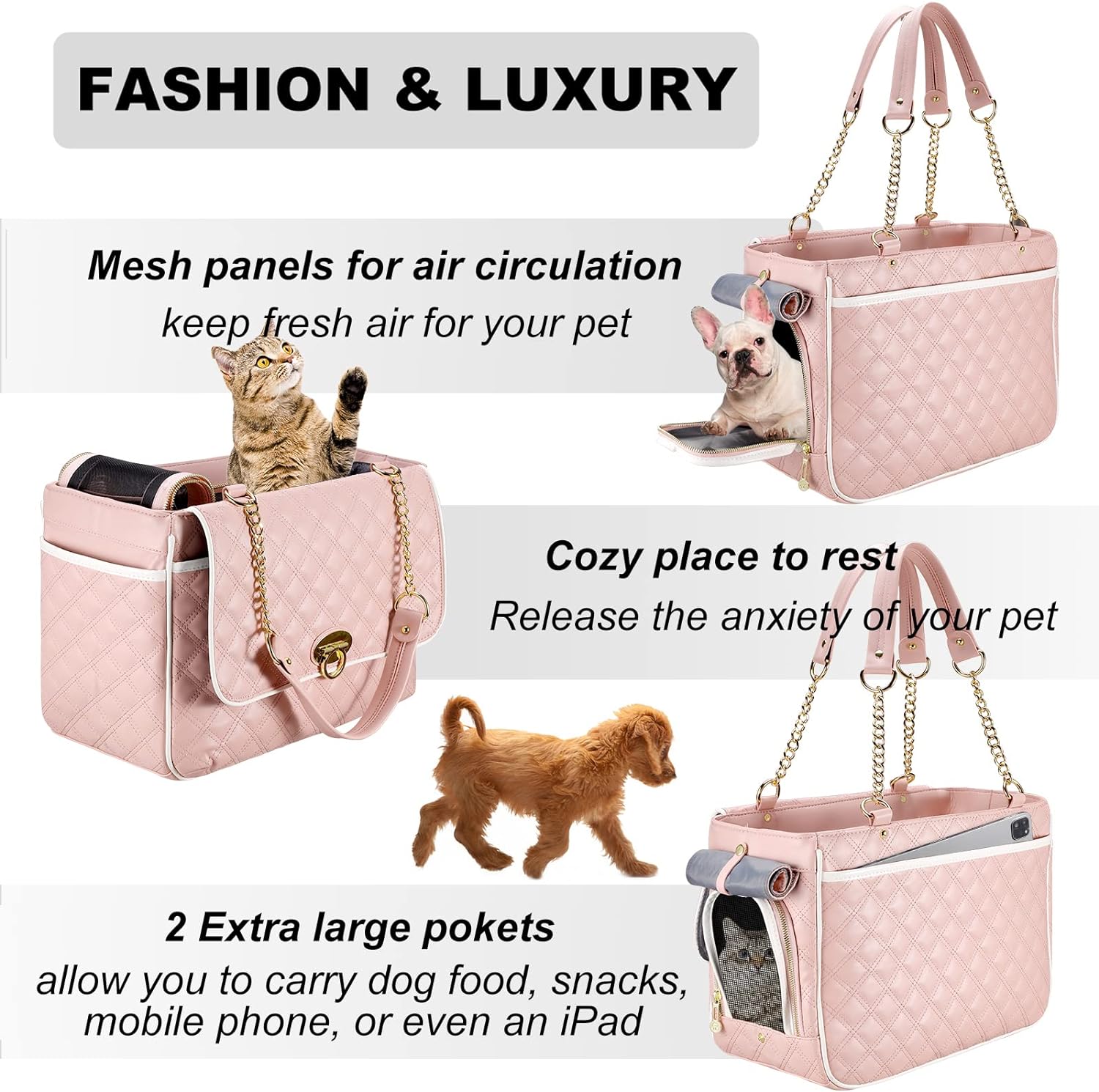 Fashion Dog Purse Carrier for Small Dogs with 2 Super-Large Pockets, Holds Up to 10lbs PU Leather Pet Carrier, Cat Carrier, Airline Approved Puppy Purse Carrier for Travel - 4