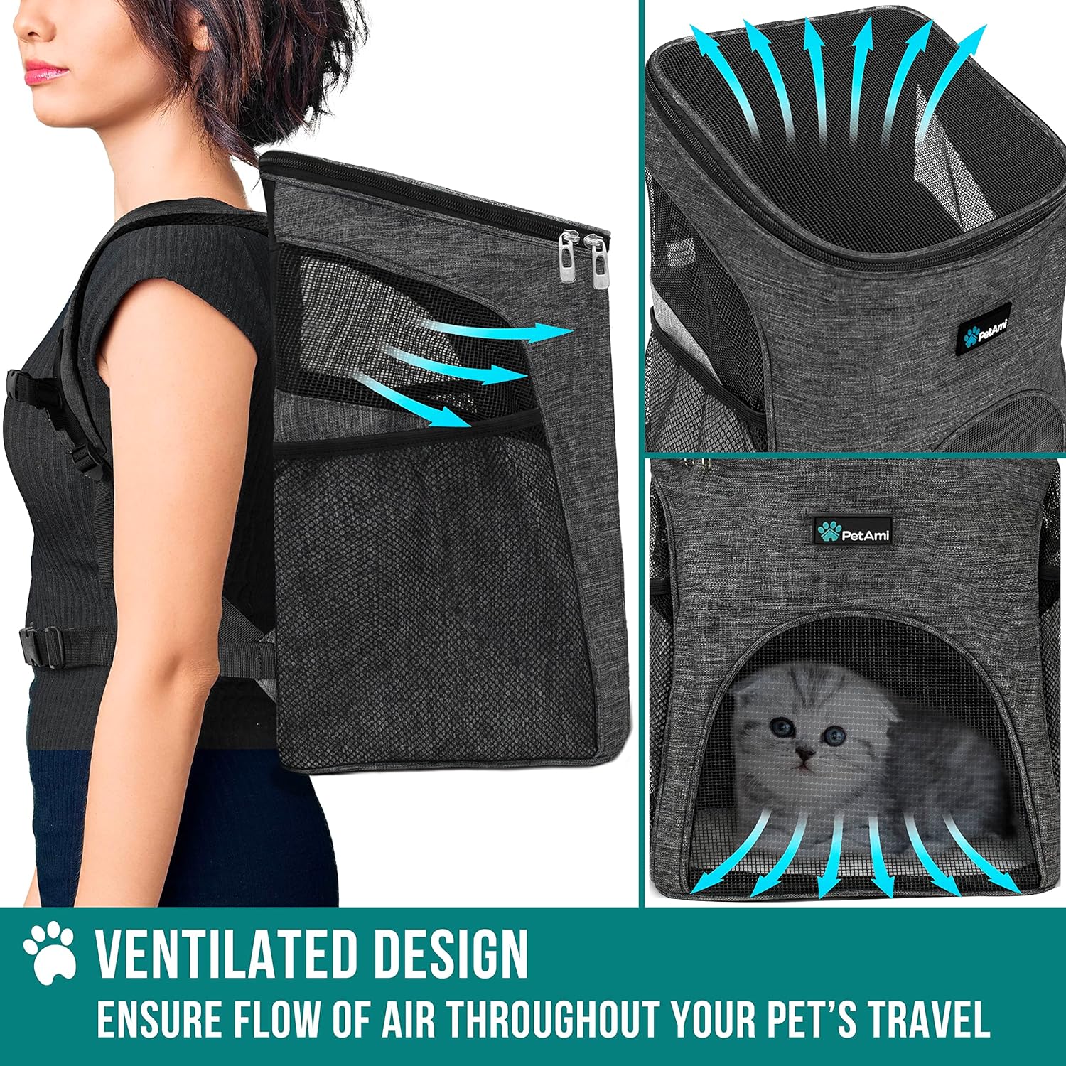PetAmi Small Dogs and Cat Backpack Carrier, Airline Approved Pet Backpack Carrier, Ventilated, Safety Strap, Buckle Support Designed for Hiking Travel Camping Outdoor (Dark Gray) - 4