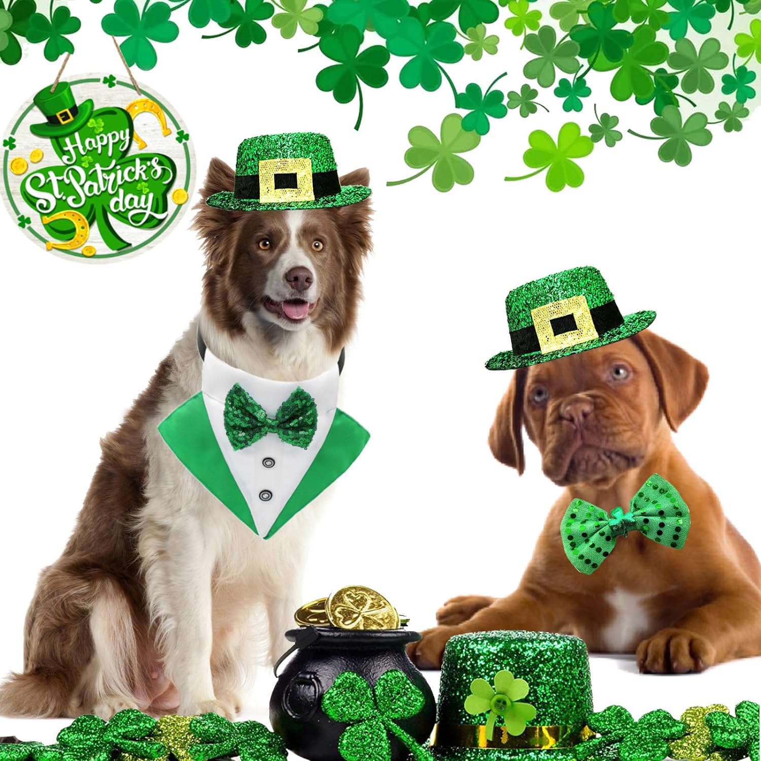 St.Patrick's Day Dog Costume 3Pack Puppy Bandana Top Hat Green Shamrock Bow Tie Collar Adjustable Pet Scarf Formal Tux Clothes Irish Tuxedo Outfits for Dogs 2