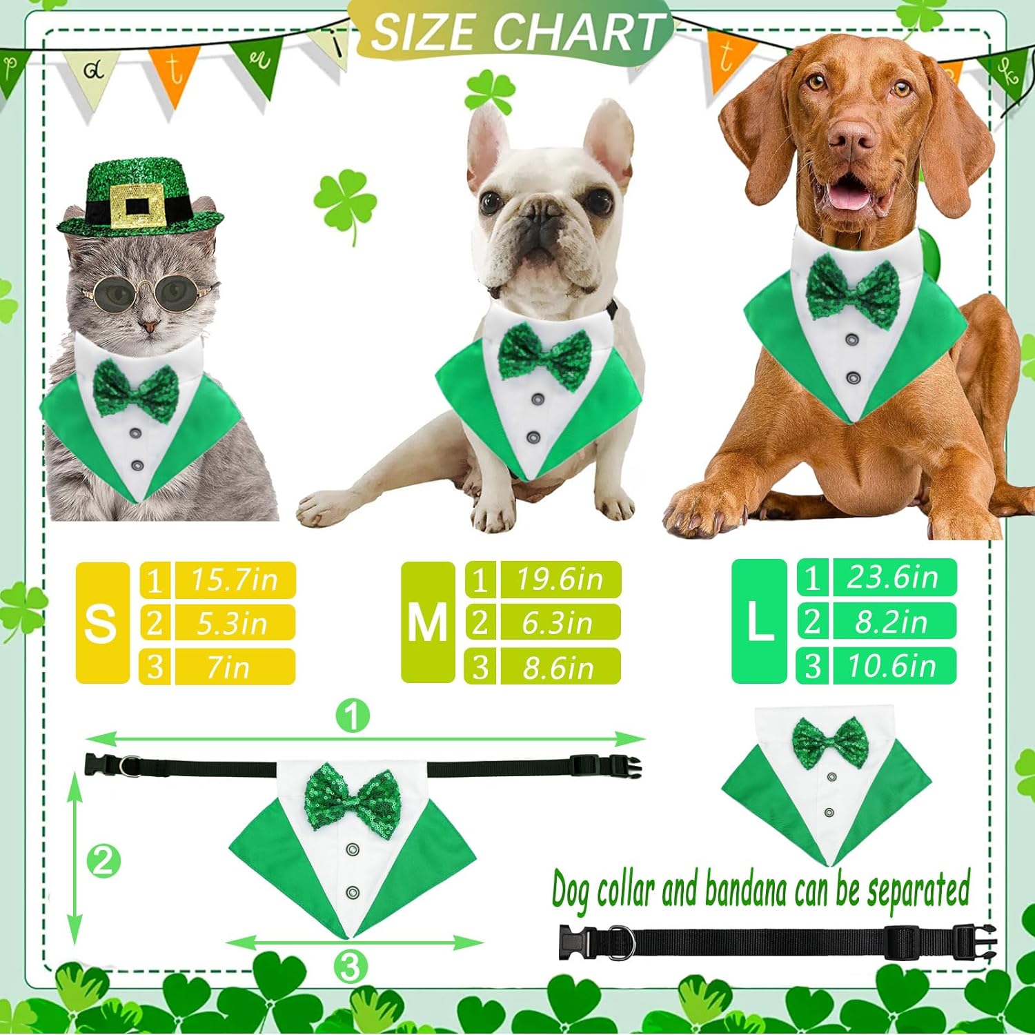 St.Patrick's Day Dog Costume 3Pack Puppy Bandana Top Hat Green Shamrock Bow Tie Collar Adjustable Pet Scarf Formal Tux Clothes Irish Tuxedo Outfits for Dogs 3