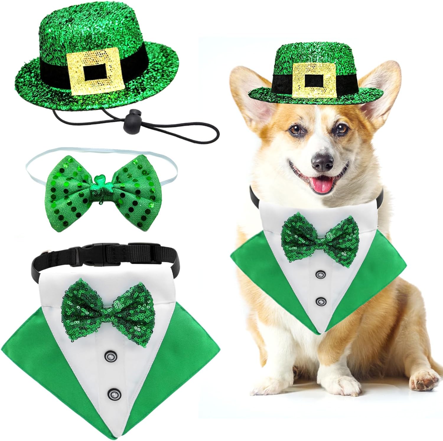 St.Patrick's Day Dog Costume 3Pack Puppy Bandana Top Hat Green Shamrock Bow Tie Collar Adjustable Pet Scarf Formal Tux Clothes Irish Tuxedo Outfits for Dogs