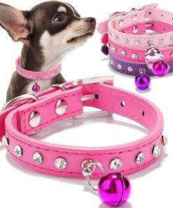 3 Pieces Chihuahua Collar with Bell Bling Dog Collar for Small Dogs Girl Cute Puppy Collars Diamond Extra Small Dog Collar Pink Soft Leather Pet Kitten Collar Xs - 1